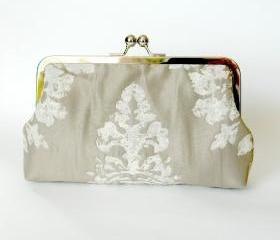 Silk Lined Grey Textured Damask Frame Kisslock Clutch