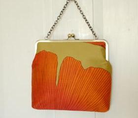 Silk Lined Tote Ginkgo Sateen Print Frame Kisslock Clutch