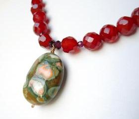 Carnelian, Garnet, Rhyolite and Solid Gold Necklace