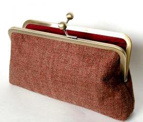 Silk Lined Tweed Frame Kisslock Clutch with Red Interior