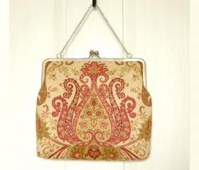 Kisslock Clutch Tote Frame Purse Damask Lined in Silk