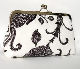 Silk Lined Black and White Floral Frame Kisslock Clutch Handbag
