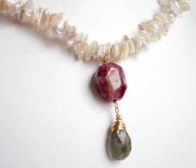 D e v o n Necklace- Tourmaline, Labradorite and Pearl in Gold OOAK