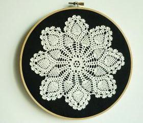 Doily Embroidery Hoop Art - Snowflake at Night - Framed Wall Art - 8' hoop - Wall Hanging for Home decoration and gifts