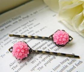 Pink Flower Bouquet Hair Pin Set. Antique Brass Filigree Bobby Pins
