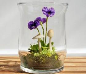 Tiny Purple Pansy Woodland Terrarium in Repurposed Glass