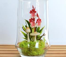 Tiny Red Dancing Lady Orchid Terrarium in Repurposed Vase