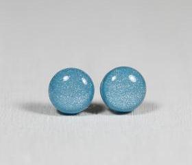 Blue Pearl Stud Earrings -Light Blue Small Post Earrings - Polymer Clay and Resin Jewelry