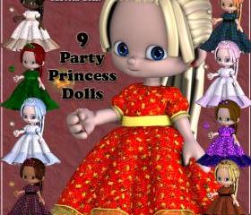 Party Princess Dolls, Digital Clip Art for Scrapbooking, Birthday Card Making and More - With Bonus Custom Doll Just For You