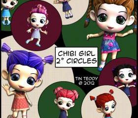 Chibi Girls - 2 Inch Circles / Cupcake Toppers - Toon Digital Collage Sheet x 3