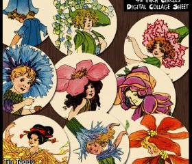Flower Children Circles- 1 Inch Circles x 48 - Digital Collage Sheet - Perfect for Jewelry, Bottle Caps etc