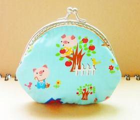 Small Metal Frame Blue Pouch Bag - Little pig and fox - Framed Coin Purse - Purse Frame - Gift under 20