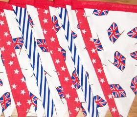 Jubilee Bunting Banner, Union Jack, red, white, blue cotton banner. 15 flags Ideal for Queens Diamond Jubilee celebrations