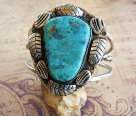 Vintage Sterling Silver Large Stone Turquoise Cuff Bracelet with Blossom Leaves