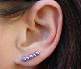 Ear Pins - Purple Glass Pearls and Silver - Pair Earrings - Light Purple, Lilac, Lavender Hue