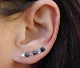 Ear Pins - Gunmetal, White Swarovski Pearls, Black Onyx, Sparkle - Black, White and Gray - Earrings Pair