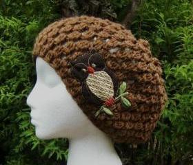 Cocoa Owl Slouchy Hand Crocheted Hat