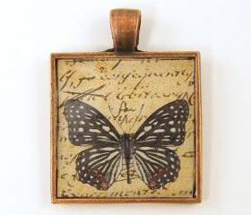 Butterfly Pendant - Black White Tan Copper Square Resin Pendant 