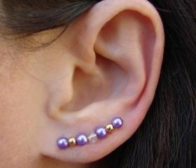 Ear Pins - Light Purple Glass Pearls and Gold - Lilac, Lavender - Earrings Pair