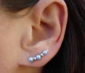 Ear Pins - Baby Blue Glass Pearls and Silver - Pair Earrings - Earring Pins
