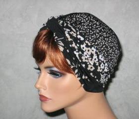 Handmade Twist Turban -Black/Tan Floral Stripe