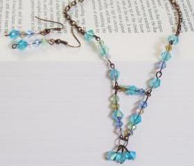 Necklace and Earring set, Antiqued Copper and Crystals