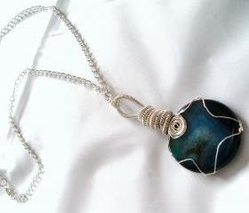  Blue Agate Wire Wrapped Pendant with Silver Plated chain Handmade