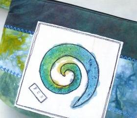 Cosmetics Bag, Clutch Wristlet, Handpainted, Teal Blue Green, Spiral
