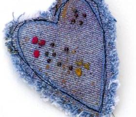 Mixed Media Denim Heart Pin Brooch, Hand Embroidered, Beaded, Recycled