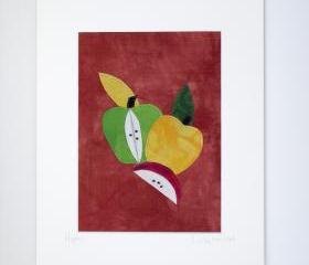 Quilt Collage, Fiber Art, Apples, Matted, Frameable 8 x 10