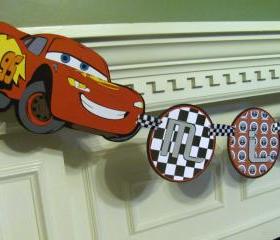 Cars Birthday Banner with Personalized Name Banner featuring Lightning McQueen & Mater