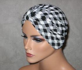 Handmade Chemo Turban -Black/White Plaid