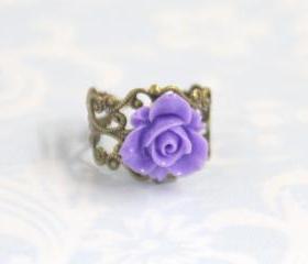 Purple flower adjustable antique bronze ring with filigree accessories