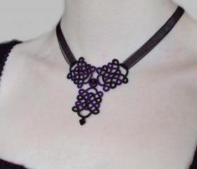 Gothic Black Purple Necklace in Tatting