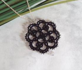 Beaded Black Lace Pendant in Tatting