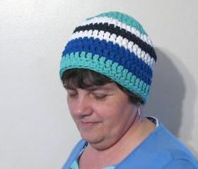 Crochet Beanie Hat using Recycled T Shirt Yarn - Blue and White