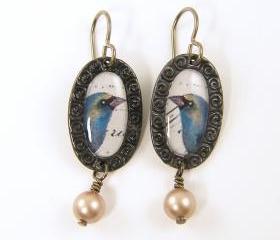 Bird Earrings - Blue Bird Collage Blush Pearl Dangle Earrings
