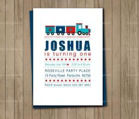 Train Party Invite, Red, Navy and Blue