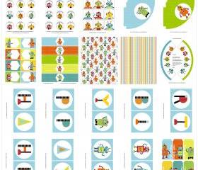 Robot Party Printable Set - Banner, Circles, Papers, Hats, Tags and more.