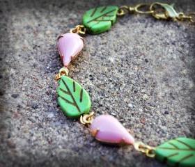 Vintage Glass Rhinestone Bracelet Rosey Light Pink Teardrop Pear Turquoise Green Leaf Raw Brass Gold Plated Gypsy Bracelet