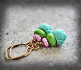 Lotus Flower Earrings Teal Seafoam Green Purple Dyed Turquoise Stone Antiqued Brass Dangle Bohemian Gypsy