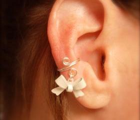 Ear Cuff, Dainty and Feminine Silver Cuff with White Bow Charm 