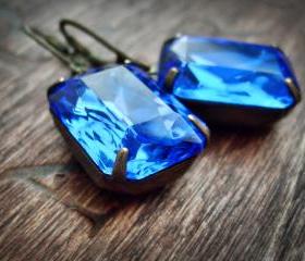 Sapphire Earrings Blue Earrings Vintage Glass Rhinestone Earrings Mad Men Fashion Statement Earrings Aged Brass September Birthstone