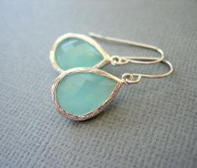 Aqua Earrings, Mint Green Earrings, White Gold, Teardrop, Dangle Earrings, Wedding Jewelry