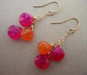 Orange and Pink Earrings, Gemstone Jewelry, Fuschia, Gold Earrings