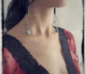 Raven Queen long dangle chain earrings hairpipes carved turquoise skulls natural garnets feathers