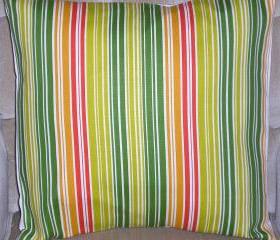 Decorative Accent Pillow Cover - 18 x 18 - Tangerine Orange, Green & Cream Colored Striped Contemporary