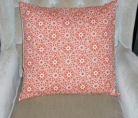 Decorative Accent Pillow Cover - 18 x 18 - Tangerine Orange & Cream Colored Floral Contemporary