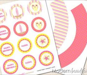 Printable Cupcake Toppers and Wrappers Aloha Hawaiian Party Surf Board Flipflops Hibiscus