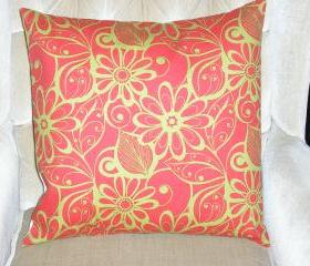 Decorative Accent Pillow Cover - 18 x 18 - Tangerine Orange & Colored Floral Contemporary Pattern